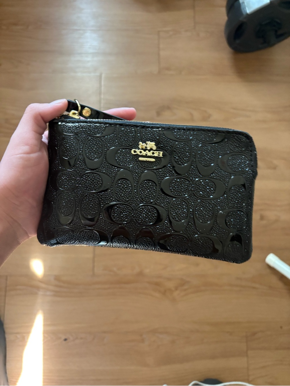 & Other Stories Black Patent Logo Wristlet with Gold Hardware